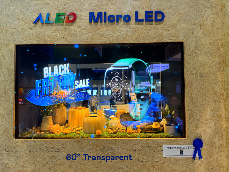 PA真人
60吋高透明度Micro LED显示器获”最佳Micro LED技术应用奖”，将Micro LED面板透明化之设计特性极致发挥，以可扩展性无缝拼接技术打造，具备600 nits全画面亮度、大于60%穿透率及超过NTSC 110%的优异广色域表现，可依需求灵活应用于各种场域